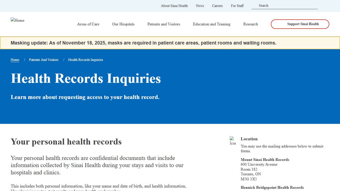 Health Records Inquiries Sinai Health